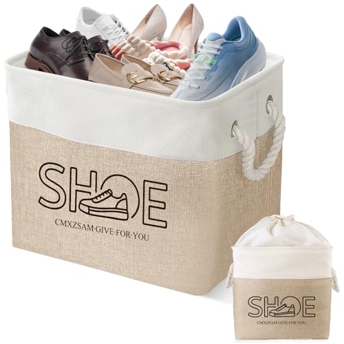Shoe Basket Organizer, Large Capacity Fabric Entryway Shoe Storage Bin with Handle, Flodable Space-Saving Shoe Basket for Entryway, Hallway, Entryway and Mudroom - color: Khaki, style: Cotton Rope