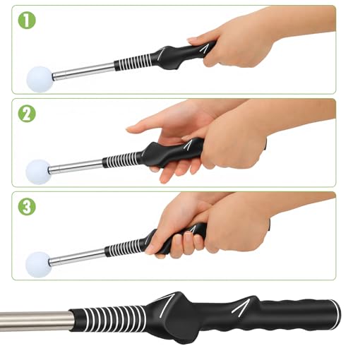 Retractable Golf Swing Training Aid - Portable Grip Trainer with Click Feedback for Right Handed Golfers, Portable Swing Tempo Trainer with Arm Band for Indoor & Outdoor Practice