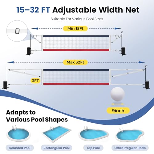 Pool Volleyball Net Set with LED Lights, Adjustable 15-32FT Net for Inground Pools, Volleyball Net with Glow Ball,Weighted Bases, Solar Powered Lights, Outdoor Water Volleyball Games for Family - style: Inground Pool Volleyball Net