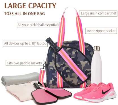 Pickleball Sports Tote Bag with Racket Holder, Neoprene, Adjustable Shoulder Strap - color: Green Camouflage