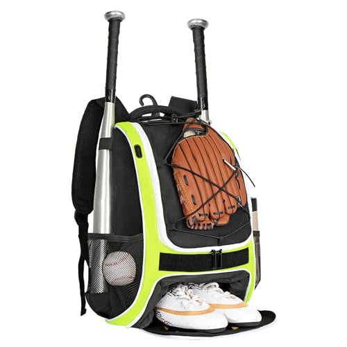 WOLT Youth Baseball Bag - Bat Backpack for Baseball, T-Ball & Softball Equipment & Gear, Bat & Glove Holder, Large Main Compartment for Helmet & accessories, Separate Shoes Compartment, Fence Hook - color: Green