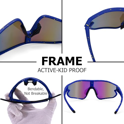 Kids Baseball Sunglasses - Youth Baseball Sunglasses for Boys Girls - Sports Softball Shades Age 6-14 - color: B3 Blue / Green Mirror