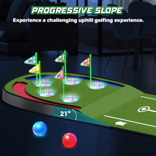 TERRAMUS Upgraded Golf Putting Mat for Kids, 7.8 Ft Putting Green with LED Light up Holes, Glowing Balls, 2 Clubs, Toy Golf Game Set, Golfing Mats Indoor Outdoor, Sport Golf Gift for Kids Teens Family