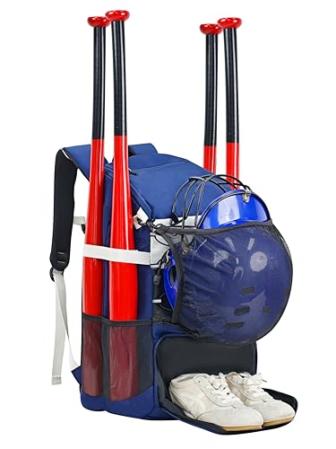 TPAID Baseball Backpack Large Capacity Softball Bag with Shoes Compartment and Fence Hook, Lightweight Baseball Equipment Bag Holds Bats, Helmets, Gloves, Hats, Clothes, Shoes - color: Blue-B, size: 4 Bat Baseball