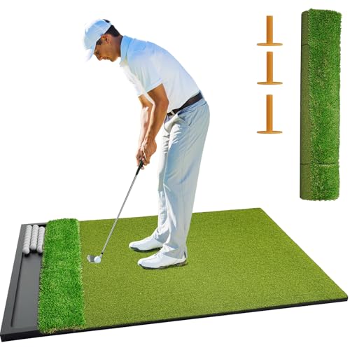 Golf Hitting Mat with Ball Tray 5x4ft - 6x4ft Dual-Turf Practice Mat for Indoor & Outdoor Use Golf Training Mat with Rubber Tee Holes, Suitable for Swing Driving & Chipping - size: 5 x 4 ft - 1.02"