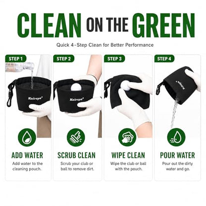 Kairsya Golf Club & Ball Cleaner Bag, 100% Leak-Proof Portable Golf Washer Pouch, Detachable Clip, Scratch-Free Microfiber Brush, Club Cleaning Kit & Groove Cleaner, Golf Gifts & Gear for Men Women