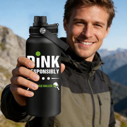 Fufandi Pickleball Gifts - Pickle Ball Dink Responsibly - Christmas, Birthday Gifts for Men, Women, Pickleball Lovers, Player Coach - Pickle Ball Water Bottle 32oz - color: Pickleball Black