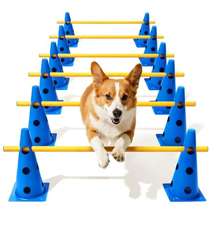 Dog Agility Course Backyard Set, Dog Agility Hurdle Cone Set with Height Adjustable Crossbar for Rehabilitation & Beginners, Dog Agility Equipment for Dog Obstacle Course - 12 Inch