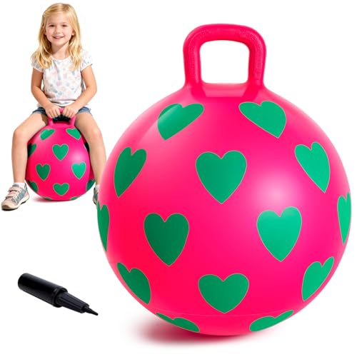 Hopper Ball,15In Sit On Bouncy Balls with Handle, Purple Heart Girls Toys for Indoor Outdoor Active Play Toys, Best Balance Hopping Toys for Girls Boys Gifts 3 4 5 6 Yr Old - color: Pink & Green Heart, size: Age:3-6(15''/40cm)