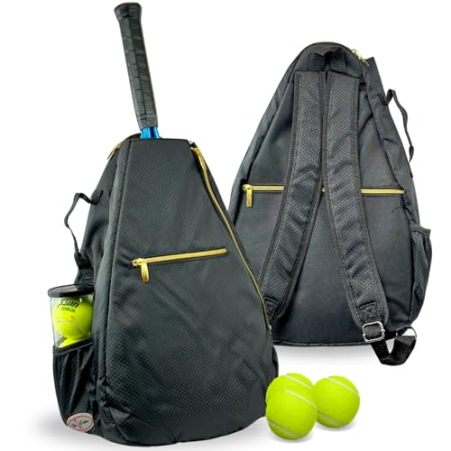 Womens Tennis Backpack - Taboo Fashions Ladies Tennis Bag Holds Two Racquets, Padded Straps and Side Carry Handle - color: Black, Gold