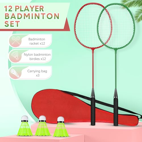 12 Pack Badminton Rackets Set Including Badminton Racquets, Nylon Shuttlecocks and Carry Bag for Outdoor Backyard Games Beginners - color: Green, Red