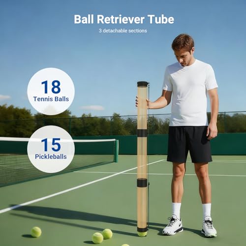 NEEWER Ball Retriever Tube Hopper for Tennis Balls & Pickleballs, Detachable Section No Bending Pickup Picker Upper Collector with Stopper & Shoulder Strap - style: TB02Z（3 section）