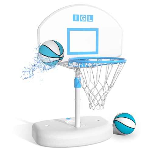 IGL Poolside Basketball Hoop, Swimming Pool Basketball Hoop with 28 Inch Backboard, Height Adjustment Pool Basketball Goals with Stainless Steel Rim, Includes 2 Balls & Pump - size: 28in Backboard