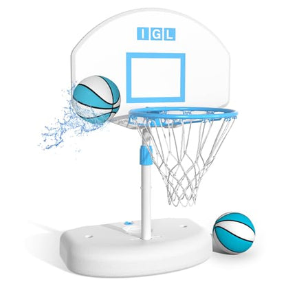 IGL Poolside Basketball Hoop, Swimming Pool Basketball Hoop with 28 Inch Backboard, Height Adjustment Pool Basketball Goals with Stainless Steel Rim, Includes 2 Balls & Pump - size: 28in Backboard