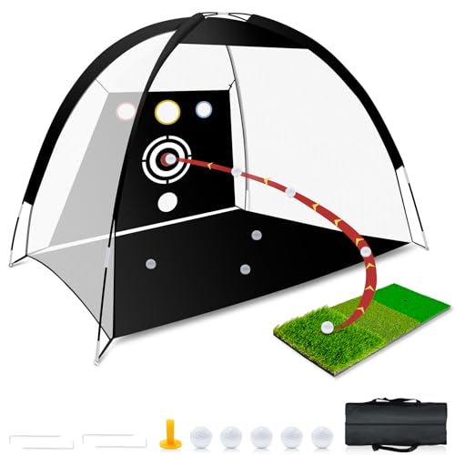 Golf Net - Upgraded All-in-One 10x7ft Golf Practice Net with 5 Real Balls, Tri-Turf Mat and Portable Bag, Durable Hitting Nets for Backyard Driving Swing Outdoor