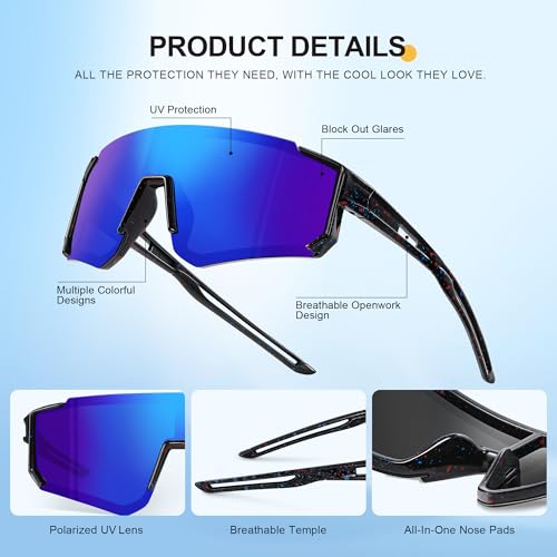 3PACK Kids Sunglasses Youth Baseball Sunglasses for Boys Girls Age 4-12,Softball Sports Cycling Goggles UV Protection - color: A07-black+red Red+deep Blue