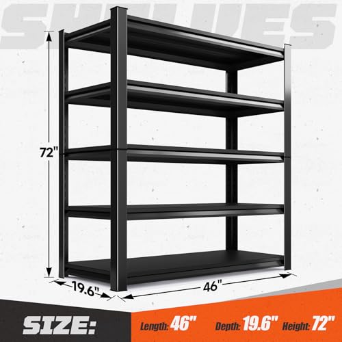 Garage Shelving, 2000LBS Garage Storage Shelves, 5-Tier Heavy Duty Shelves, Utility Adjustable Metal Shelving Unit, 80" H x 46" W x 19.6" D Storage Shelf for Warehouse, Basement, Closet - size: 80"H x 46"W x 19.6"D
