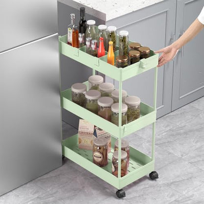 SPACELEAD 3 Tier Rolling Cart with Wheels, Storage Craft Art Trolley Organizer Serving, 3 Hanging Baskets Easy Assembly, for Office, Living Room, Kitchen, Green - color: Green