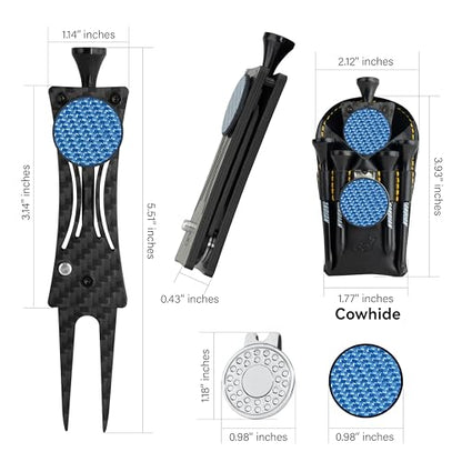 SANDIAN, Golf Divot Repair Tool, Strong Super Light Carbon Fiber T800 Made Switchblade Foldable, Magnetic Ball Marker, Leather Holster, Easy to Carry in Pocket, for Professional and All Golfers