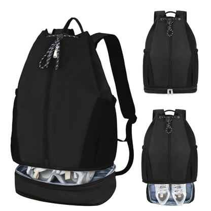 Gym Backpack with Drawstring Closure, Expandable Shoe Compartment, Water Resistant Laptop Backpack, Thick Padded Back & Shoulder Straps, Heavy Duty Durable Daypack for Sports, Work, Travel, Black