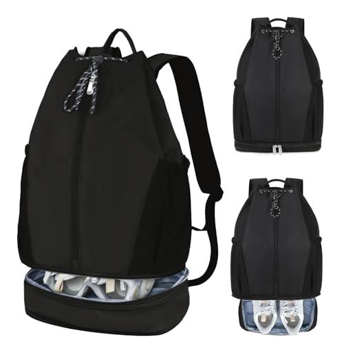 Gym Backpack with Drawstring Closure, Expandable Shoe Compartment, Water Resistant Laptop Backpack, Thick Padded Back & Shoulder Straps, Heavy Duty Durable Daypack for Sports, Work, Travel, Black