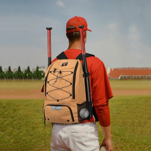 Baseball Backpack, Baseball Bag for Youth, Softball Bat Bag with Shoes Compartment, Laptop Compartment & Holds 2 Bats, Small Baseball Bat Equipment Bags for Fence Hook, Glove Holder & Helmet - color: Khaki