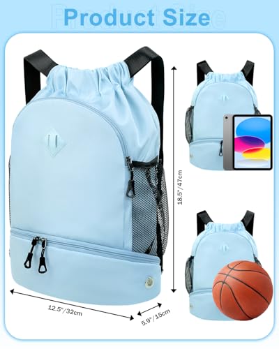 RHDZO Drawstring Backpack Gym Backpack with Shoe Compartment for Men Women String Sports Bag with Wet Pocket Cinch Swim Beach Bag, Large Blue - color: Large Blue