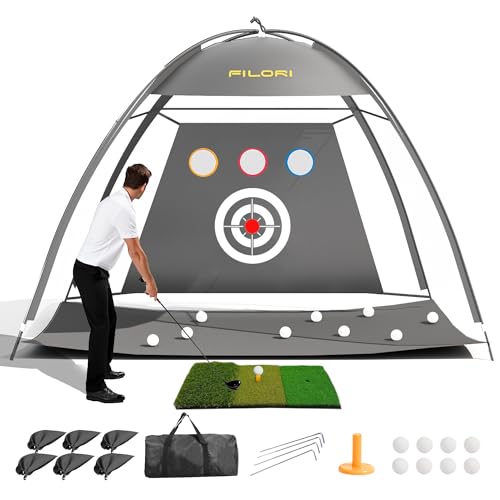 FILORI Golf Practice Net 10x7FT Heavy-Duty Golf Hitting Net with Tri-Turf Mat, 8 Balls, Tee & Carry Bag, Indoor/Outdoor Backyard Training for Driving Chipping Swing - color: Gray
