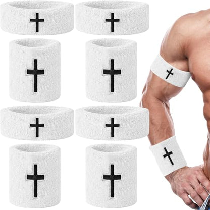 8 Pack Cross Embroidered Wrist Bands Bicep Bands Moisture Wicking, Machine Washable for Sports Stay Dry, Show Faith During Basketball, Football, Baseball, Gym, Running - color: White