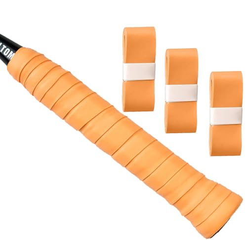 Tennis Racket Grip Tape, 3/6/12 Pack Precut Anti Slip Tennis Grip Tape, Absorbent Dry Feel Tennis Grips Overgrip for Tennis, Pickleball - color: Orange-3 Pack