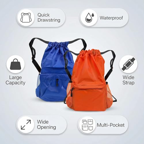 Drawstring Backpack 2 Pack, Water-Resistant Gym Bag with Water Bottle Pocket for Soccer Basketball, Sports, Lightweight Sports Backpack for Men Women (Orange+Blue)