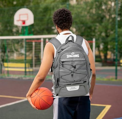 Spalding Basketball Backpack Sports Bag | Large Black Backpack with Shoe and Ball Compartment | Gifts for Basketball Players - color: Grey