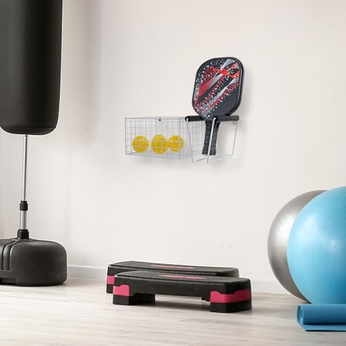MyGift 16 Inch Wall Mounted Metal Pickleball Paddle Rack and Storage, Hanging Equipment Organizer with Racket Holder and Basket for Balls - color: White