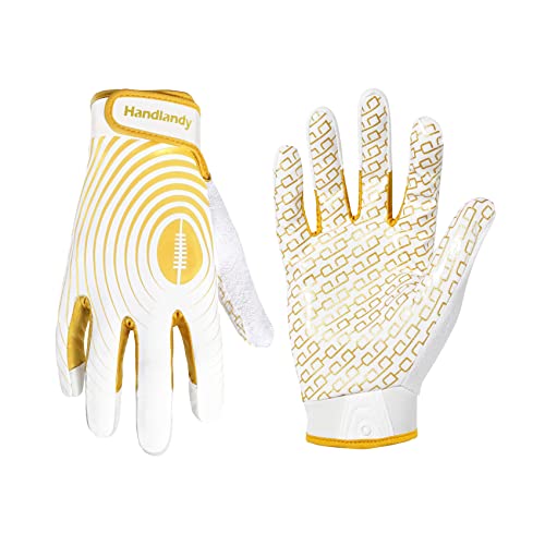 HANDLANDY Youth Football Gloves, Kids Sticky Receiver Gloves,Super Grip Football Glove Best Gift for Boys,Girls - color: White and Gold, size: Small-Youth