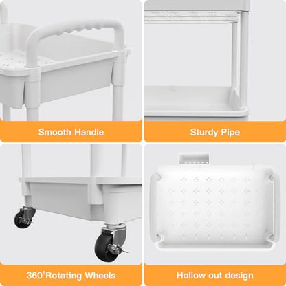 3 Tier Rolling Utility Cart with Handle,REBECAT Utility Cart Made of Multifunctional Storage Organizer Tool for Kitchen,Bathroom,Living Room,Office(White) - color: White