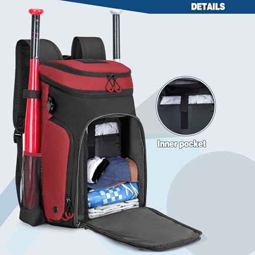 Smasrob Baseball Bag for Adult and Youth, Baseball Backpack Softball Bag with Helmet Holder, Shoe Compartment and Fence Hook - color: Red