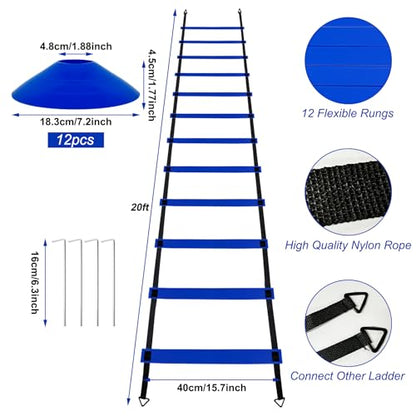 YEXEXINM Professional Agility Ladder Speed Training Equipment Set-20ft Agility Ladder,12 Soccer Cones, 4 Agility Hurdles, Running Parachute, Suitable for Soccer Football Basketball Training - color: blue