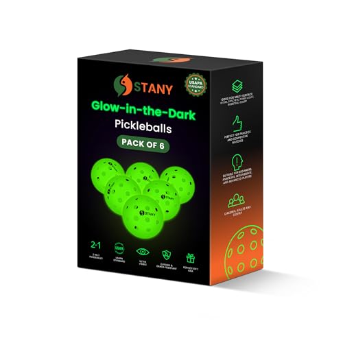 STANY Glow-in-the-Dark Pickleball Balls, Luminous, USAPA Standard, Indoor/Outdoor, 40 Holes, Ultra Visible, Nighttime Play, Unique Gift for Pickleball Lovers –6 Pack, Glows Green