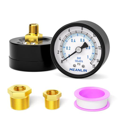 0-15Psi 2" DIAL FACE 1/8" NPT Well Pump Pressure Gauge, with 1/4" NPT and 3/8" NPT Hex Bushing, 3-2-3% Accuracy, Center Back Mount - size: 0-15Psi, style: 1/8"NPT Back Mount