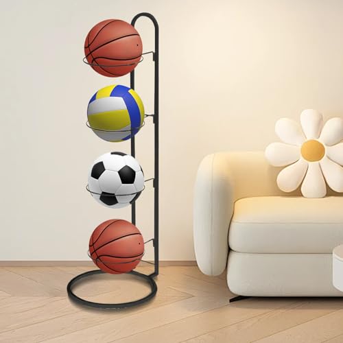 2024 New Ball Storage Rack，4 Tier Cube Ball Storage Holder，Basketball Football Holder Carbon Steel Heavy Duty Basketball Stand Painted Nail-Free Multi-Purpose Vertical Ball Rack