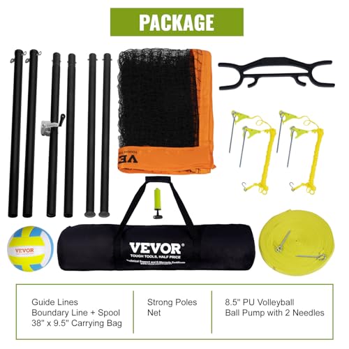 VEVOR Outdoor Portable Volleyball Net System, Adjustable Height Aluminum Poles, Professional Set with PVC Volleyball, Pump, Carrying Bag, Heavy Duty Net for Backyard, Beach, Lawn