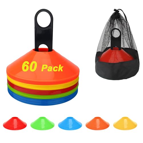 BIRDDIE 60/120 Pack Soccer Training Cones, Football Sport Cones Training Field Marker Agility Cones with Carry Bag and Holder for Drills, Basketball, Coaching, Practice Equipment, 5 Color - color: 60 Pack