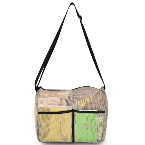 Gym Tote Bag, Mesh Bag Crossbody Satchel 12x6x12 for Gym Beach Ball Games Training Camping Hiking Clothes Storage - color: Khaki, size: Medium
