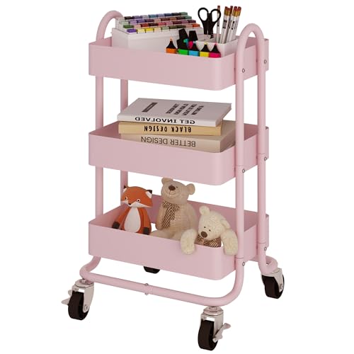 Metal Rolling Cart,3-Tier Pink Rolling Cart with Wheels,Metal Utility Cart with Wheels for Office,Home,Kitchen,Garden（13.4"x18.1"x31"） Pink - color: Pink, size: 31"H