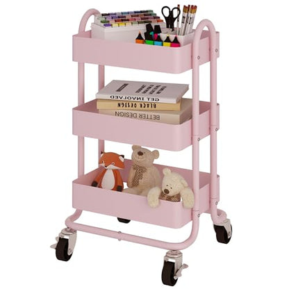 Metal Rolling Cart,3-Tier Pink Rolling Cart with Wheels,Metal Utility Cart with Wheels for Office,Home,Kitchen,Garden（13.4"x18.1"x31"） Pink - color: Pink, size: 31"H