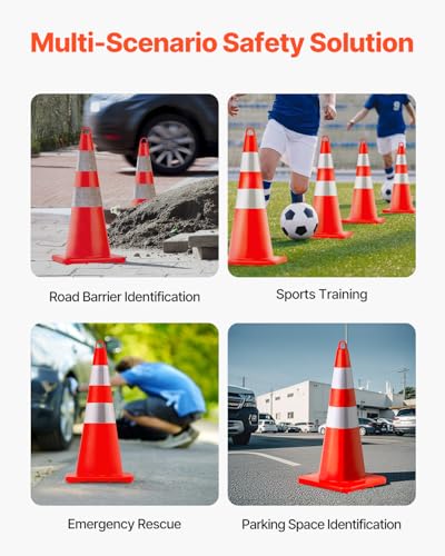VEVOR Safety Cones, 10PCS 28" Traffic Cones, PVC Orange Construction Cones, 2 Reflective Collars Traffic Cones with Weighted Base and Hand-Held Ring Used for Traffic Control, Driveway Road Parking