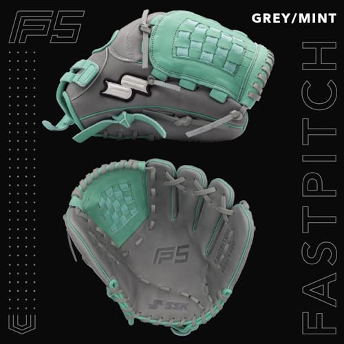 SSK FP5 Fastpitch Softball Glove – Infield - Outfield - Pitcher – 11.5”-11.75”-12”-12.25”-12.5”-12.75”-13”– Right & Left Hand Throw - color: Grey/Mint - Basket Web, size: 11.5" - Right Hand Throw