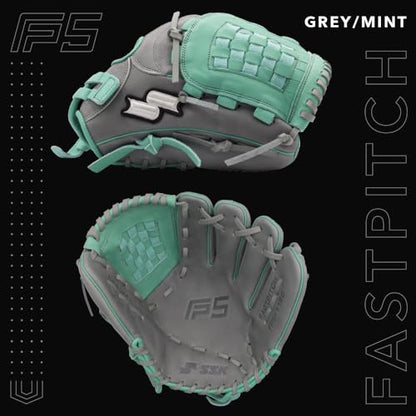 SSK FP5 Fastpitch Softball Glove – Infield - Outfield - Pitcher – 11.5”-11.75”-12”-12.25”-12.5”-12.75”-13”– Right & Left Hand Throw - color: Grey/Mint - Basket Web, size: 11.5" - Right Hand Throw