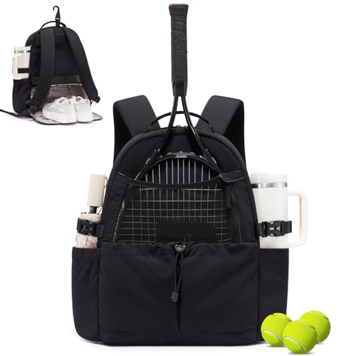 LOVEVOOK Tennis Bag for Women & Men, Fits 27" Rackets, Tennis Backpack with Ventilated Shoe Compartment & Wet Pocket, Ideal for Pickleball, Padel - color: Black, size: 27L 1-2 Rackets