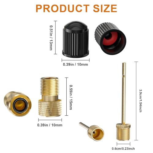 6 Pack Presta to Schrader Valve Adapter Kit, Convert Tire Valve for Bike, eBIke, Scooter - with 6 Tire Valve Stem Caps + 6 Ball Needles - Inflate Effortlessly with Air Compressor or Standard Pump
